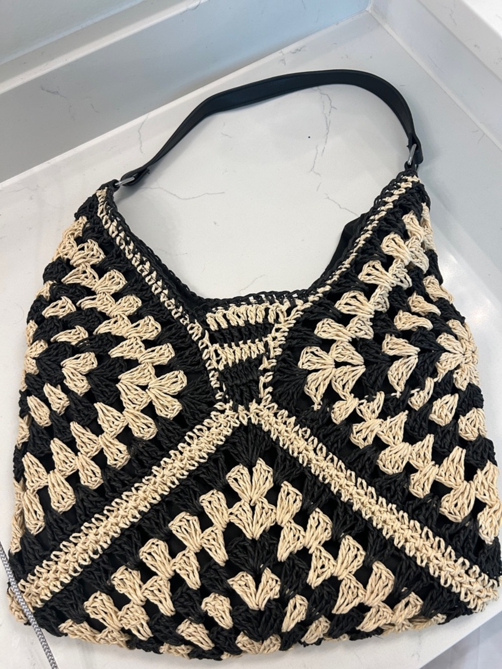 SHEIN Black and Cream Crochet Shoulder Bag